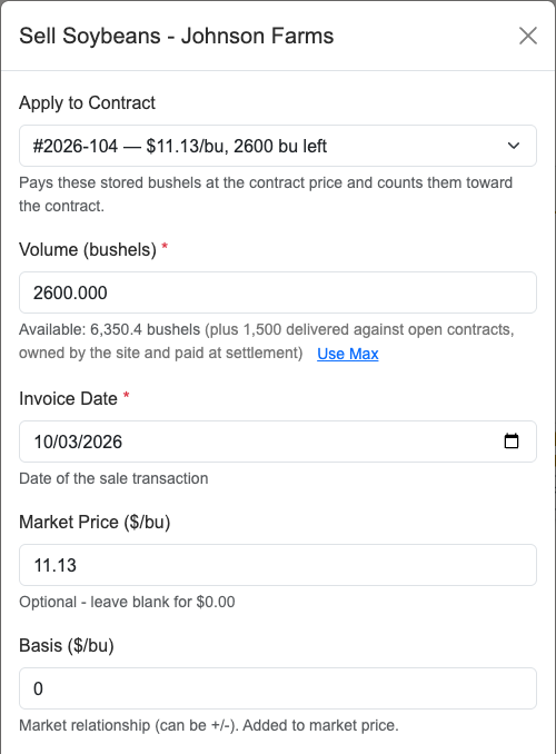 The Sell Soybeans window with a flat-price contract picked under Apply to Contract: the price is filled in and greyed out, the contract number is filled in, and the bushels are set to what is left on the contract
