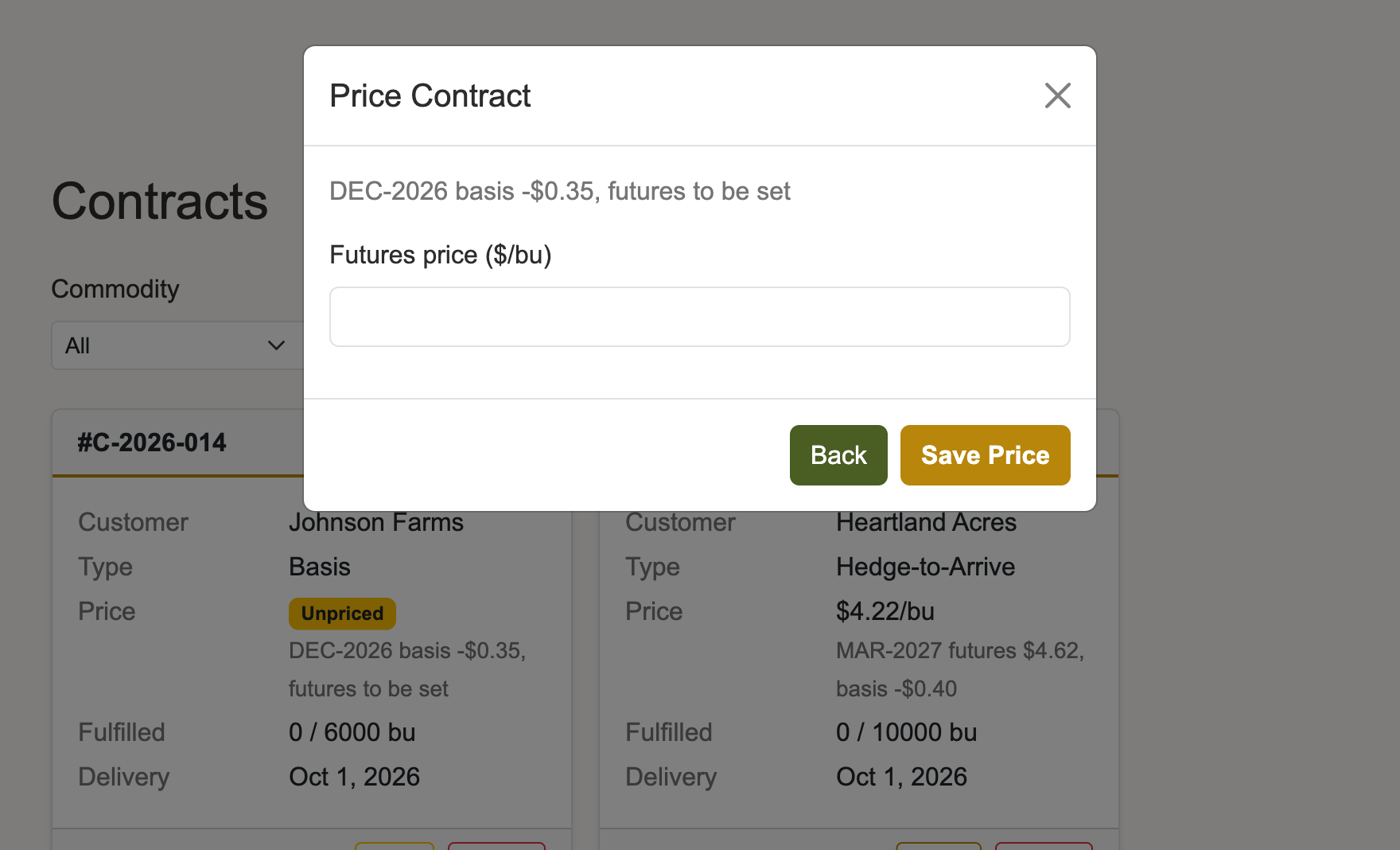 The Price Contract window asking only for the futures price on a basis contract whose basis and month are already fixed