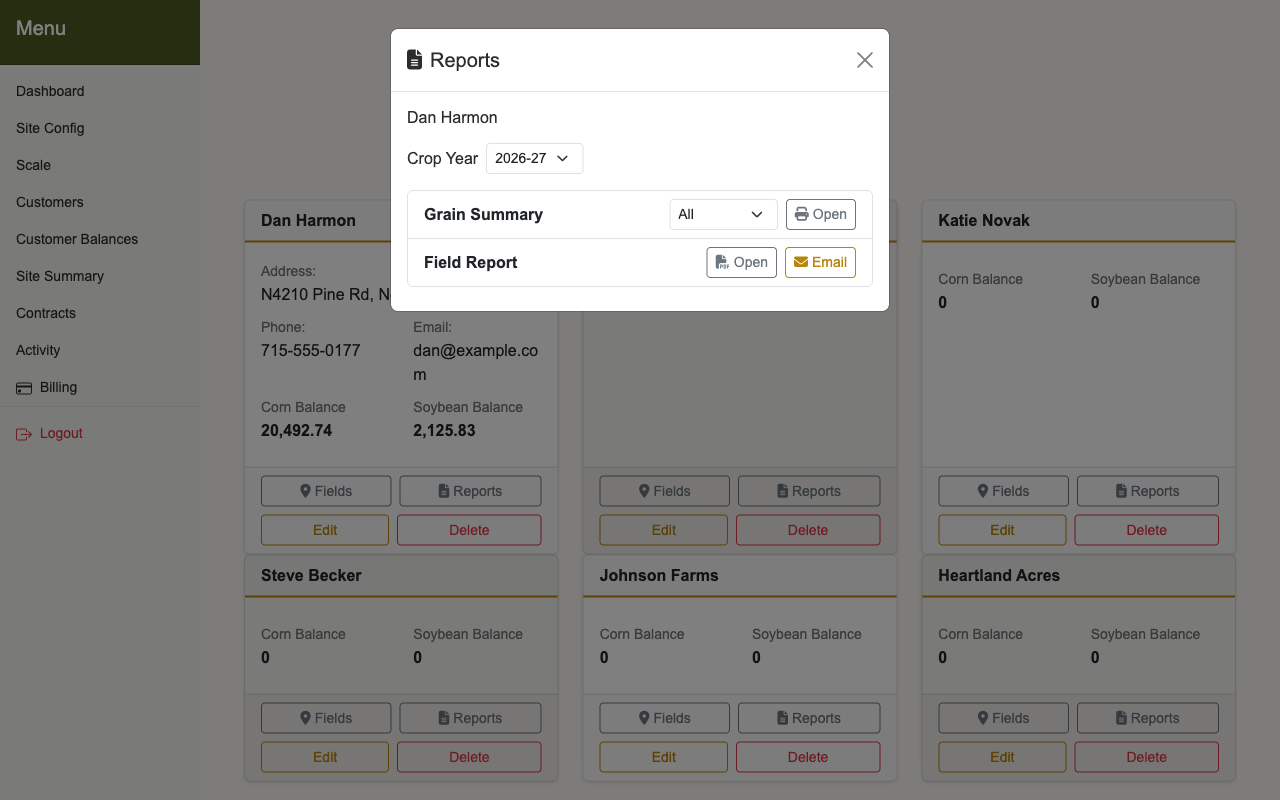 The Reports window for a customer, with a Crop Year selector at the top, a Grain Summary row with an Open button, and a Field Report row with Open and Email buttons