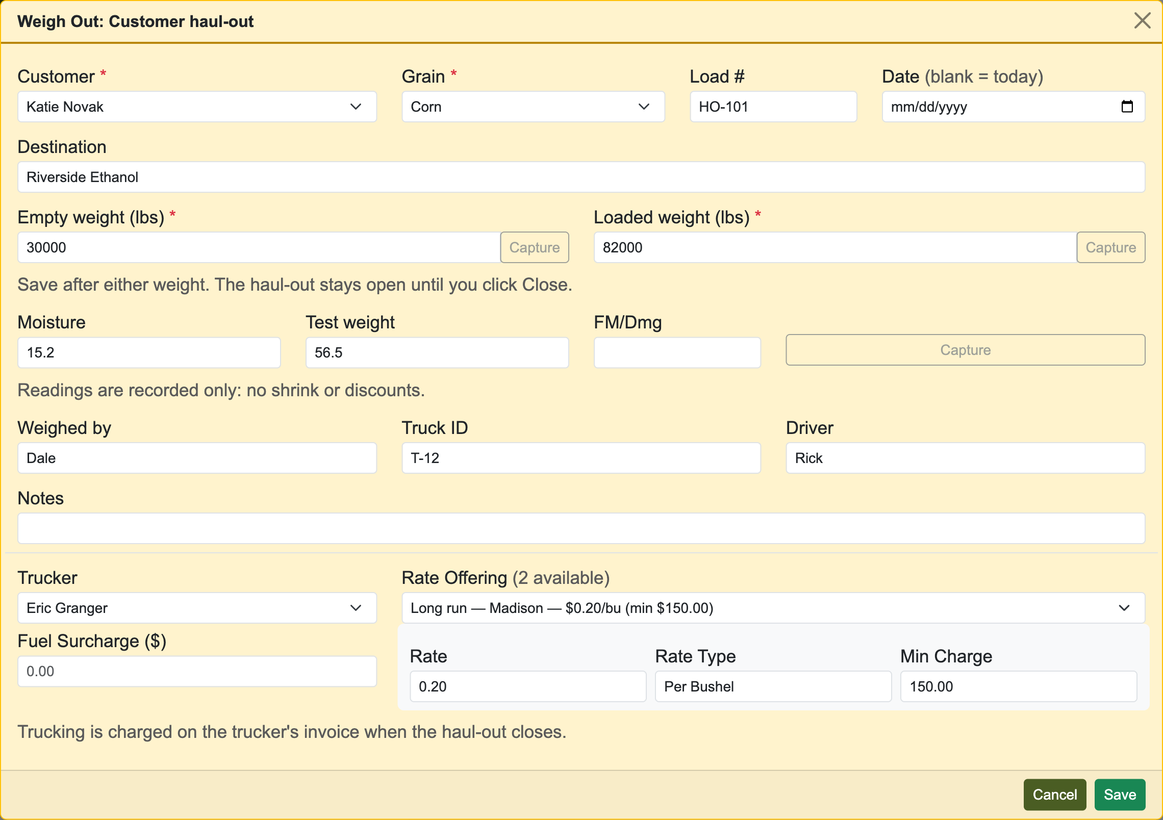 Weigh Out: Customer haul-out form filled in with a customer, grain, empty and loaded weights, and a trucker with his rate