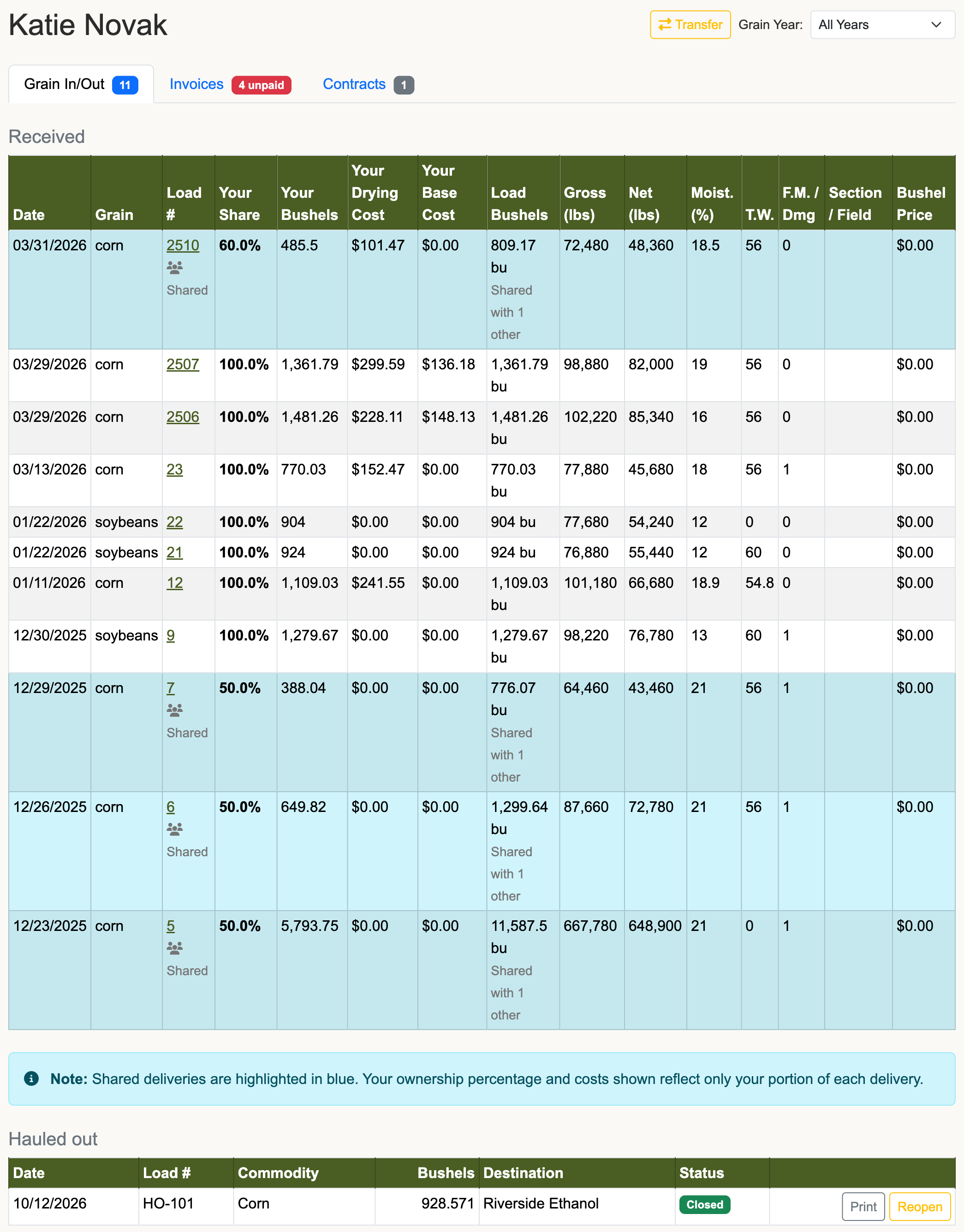 Customer page Grain In/Out tab with the Received table of deliveries and the Hauled out table of haul-outs with Print and Reopen buttons