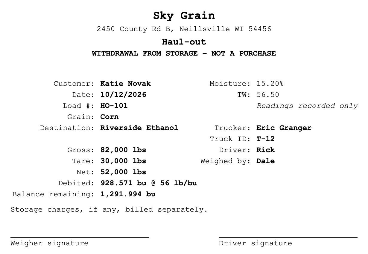 Printed haul-out slip marked Withdrawal from storage, not a purchase, with customer, date, load number, grain, destination, gross, tare and net weights, bushels debited, balance remaining, readings, trucker, truck, driver, weigher and signature lines