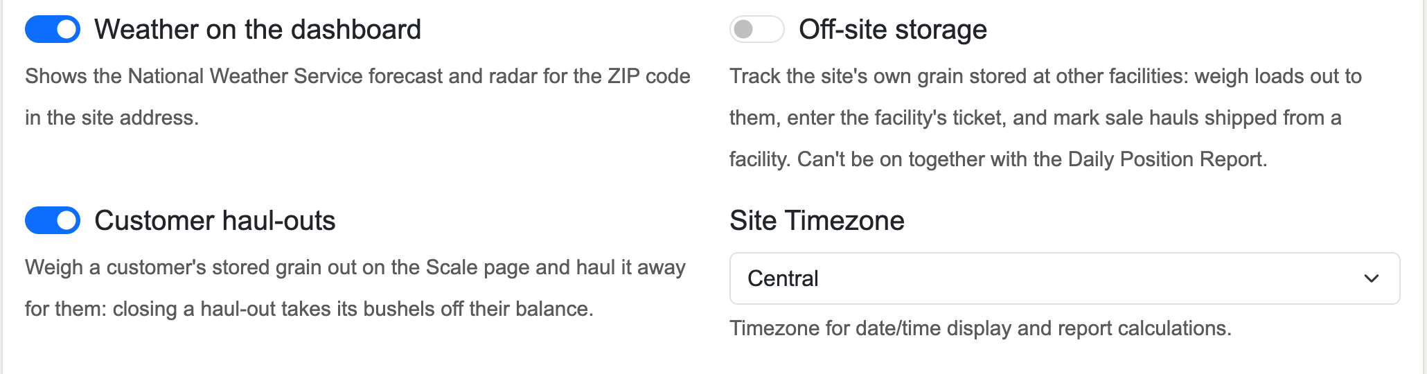 The Customer haul-outs switch under Site Features in Site Config
