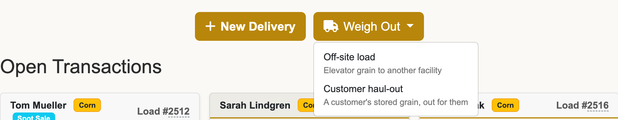 Scale page with the Weigh Out menu open next to New Delivery, showing Off-site load and Customer haul-out