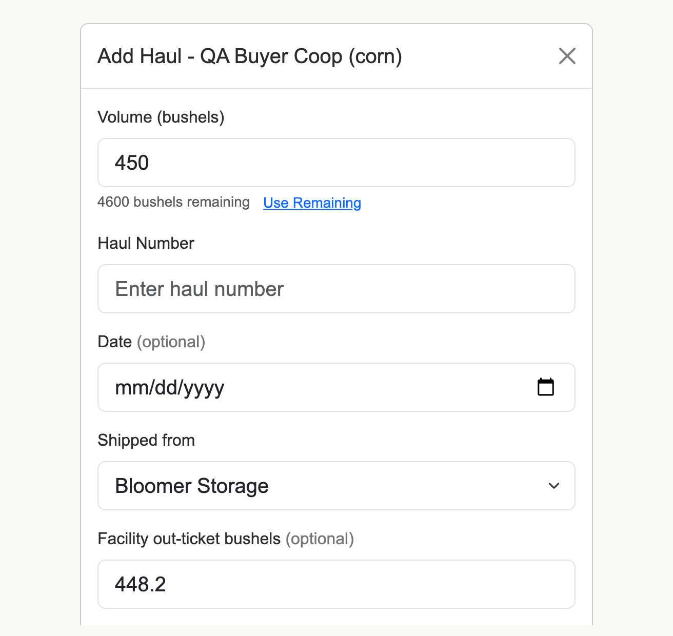 Add Haul window for a QA Buyer Coop corn sale with volume 450 bushels, Shipped from set to Bloomer Storage, and Facility out-ticket bushels 448.2