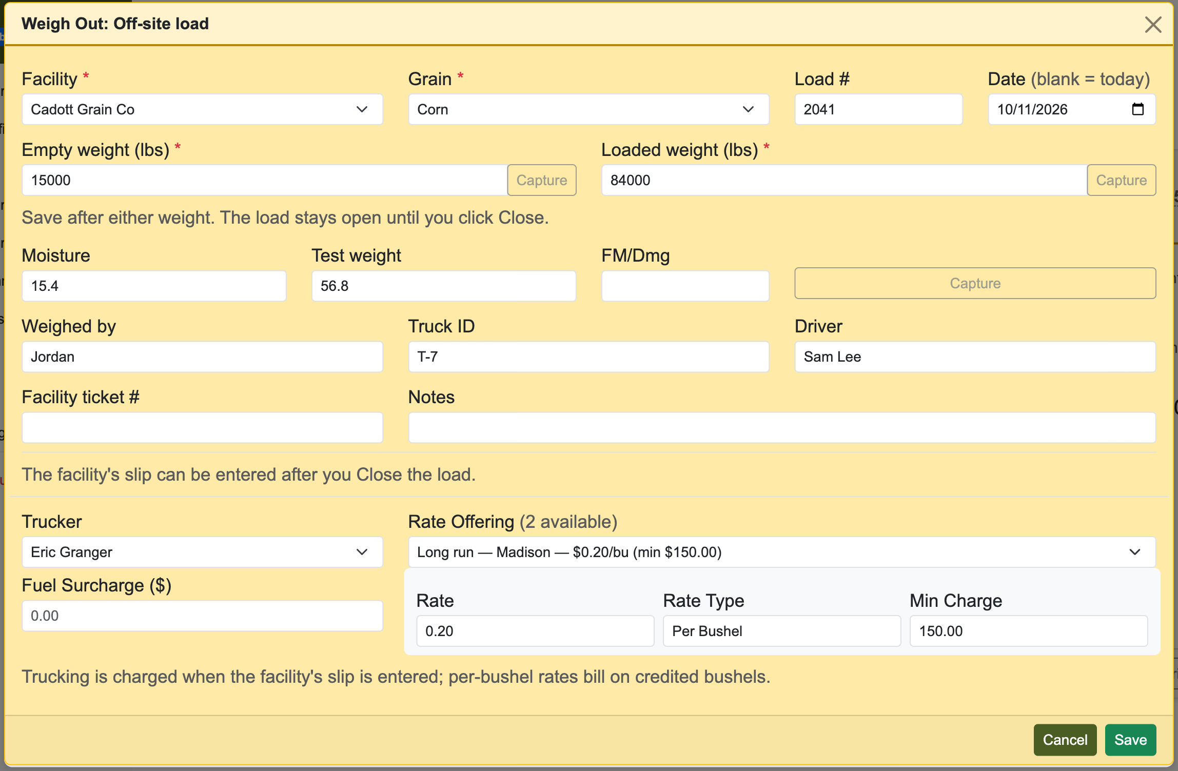 Weigh Out: Off-site load pop-up with Facility set to Cadott Grain Co, Grain Corn, Load # 2041, empty and loaded weights with Capture buttons, moisture and test weight, weigher, truck, driver, and the trucker with his rate