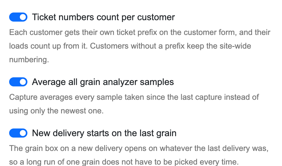 Site Features switches in Site Config, including Average all grain analyzer samples with its description: Capture averages every sample taken since the last capture instead of using only the newest one