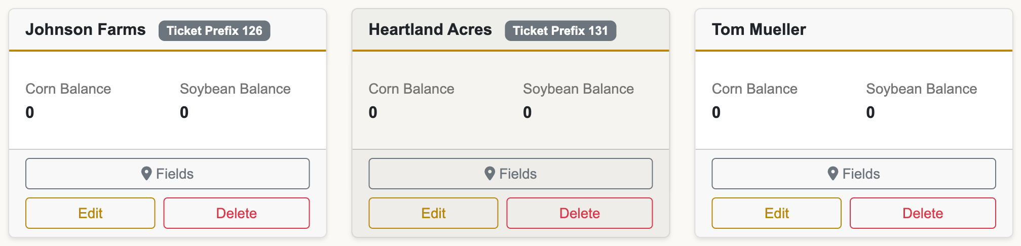 Three customer cards in Horizon Grain, two showing a Ticket Prefix badge (126 and 131) and one with no prefix