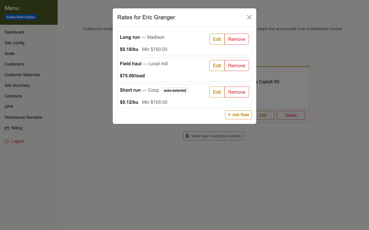 Horizon Grain rate offerings panel for one trucker: long-haul, short-haul, and per-load rates each with optional minimum charges; newest rate auto-selected for new hauls