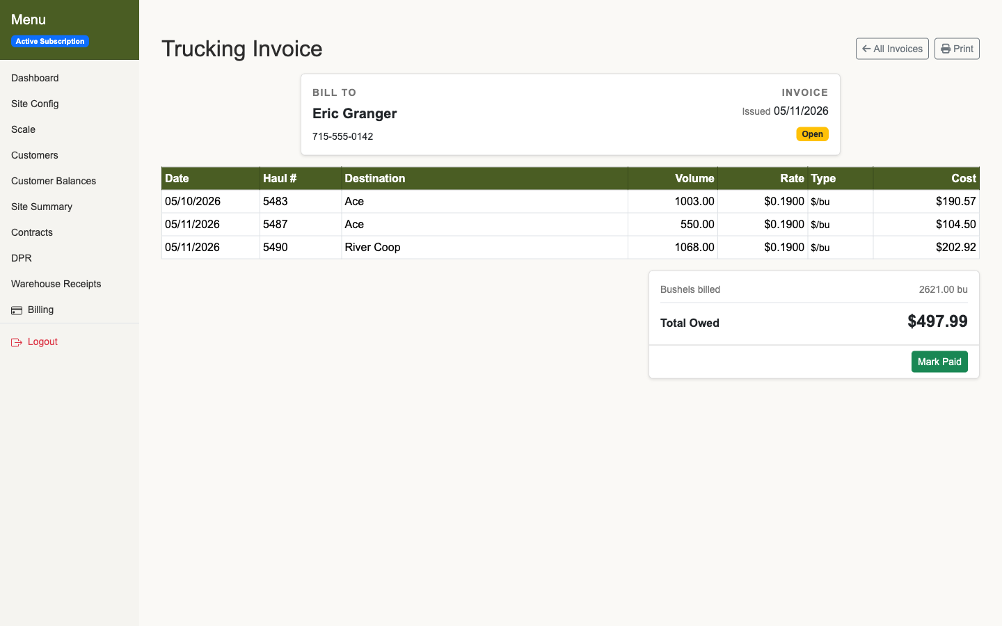 Trucker settlement invoice in Horizon Grain showing accumulated hauls, per-bushel rate, and total owed