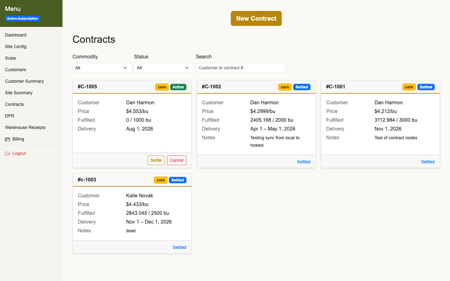 Forward contracts screen showing committed, delivered, and remaining bushels per producer