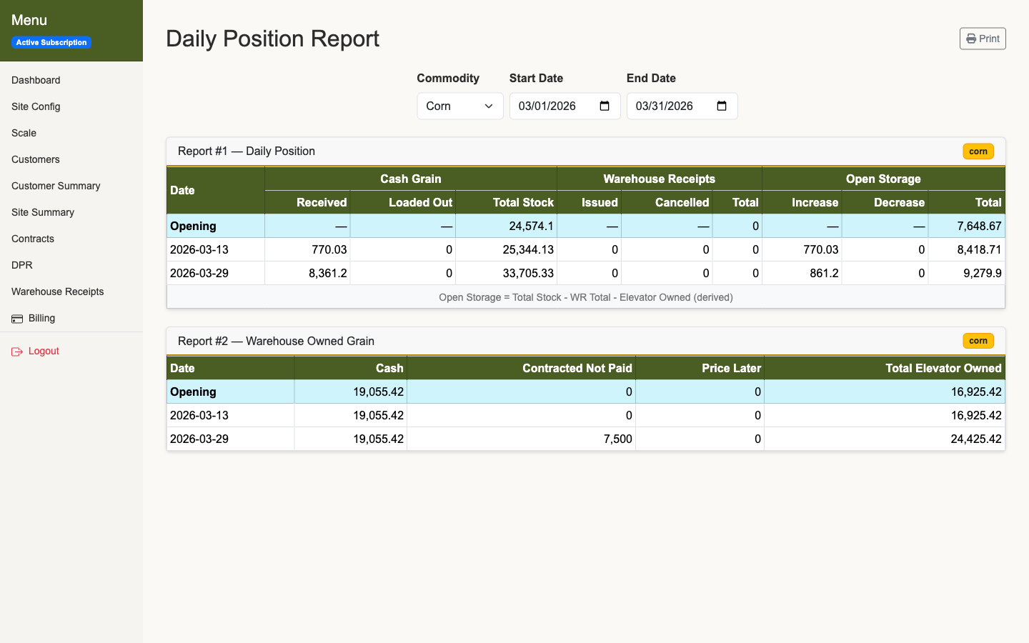 Daily Position Report showing cash grain, warehouse receipts, open storage, and elevator-owned positions over a date range