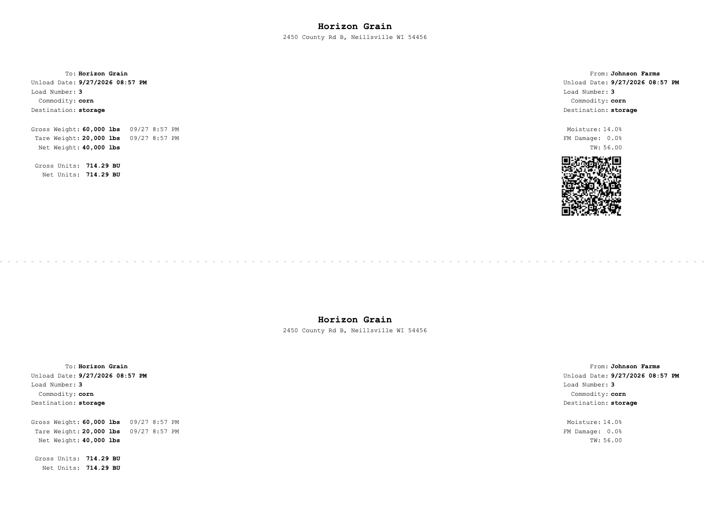 A printed grain slip showing load number, gross, tare and net weights with weigh times, gross and net units, moisture, damage, test weight and a QR code