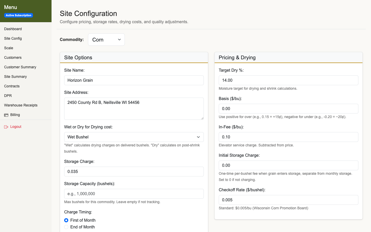 Site configuration screen showing per-commodity drying rate settings